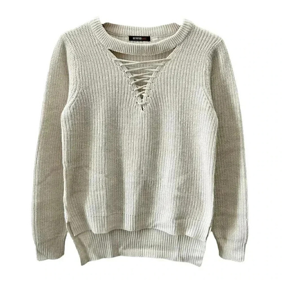 Devoted Sweater Lace Front Keyhole Neckline High Low Hem Light Beige Small - Picture 16 of 16